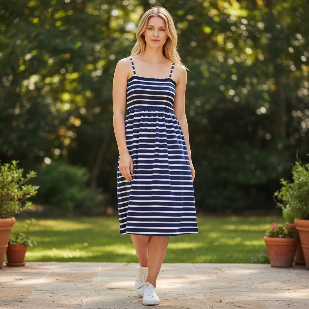 ana A New Approach Navy Blue White Striped Smocked Midi Sundress Womens Medium